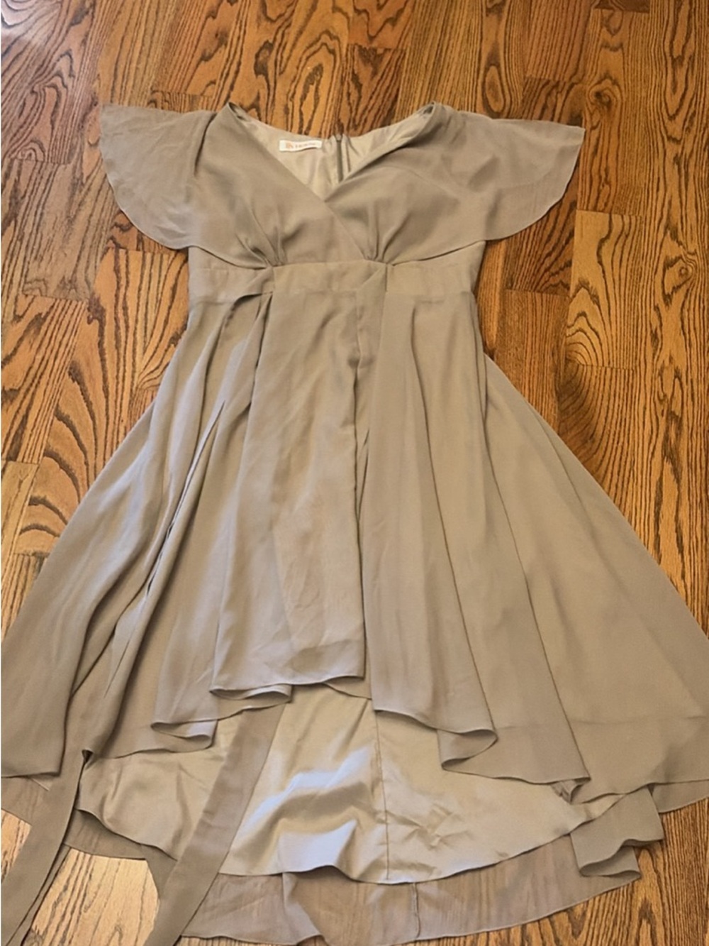 JJs House Taupe High-Low Flutter Sleeve Dress